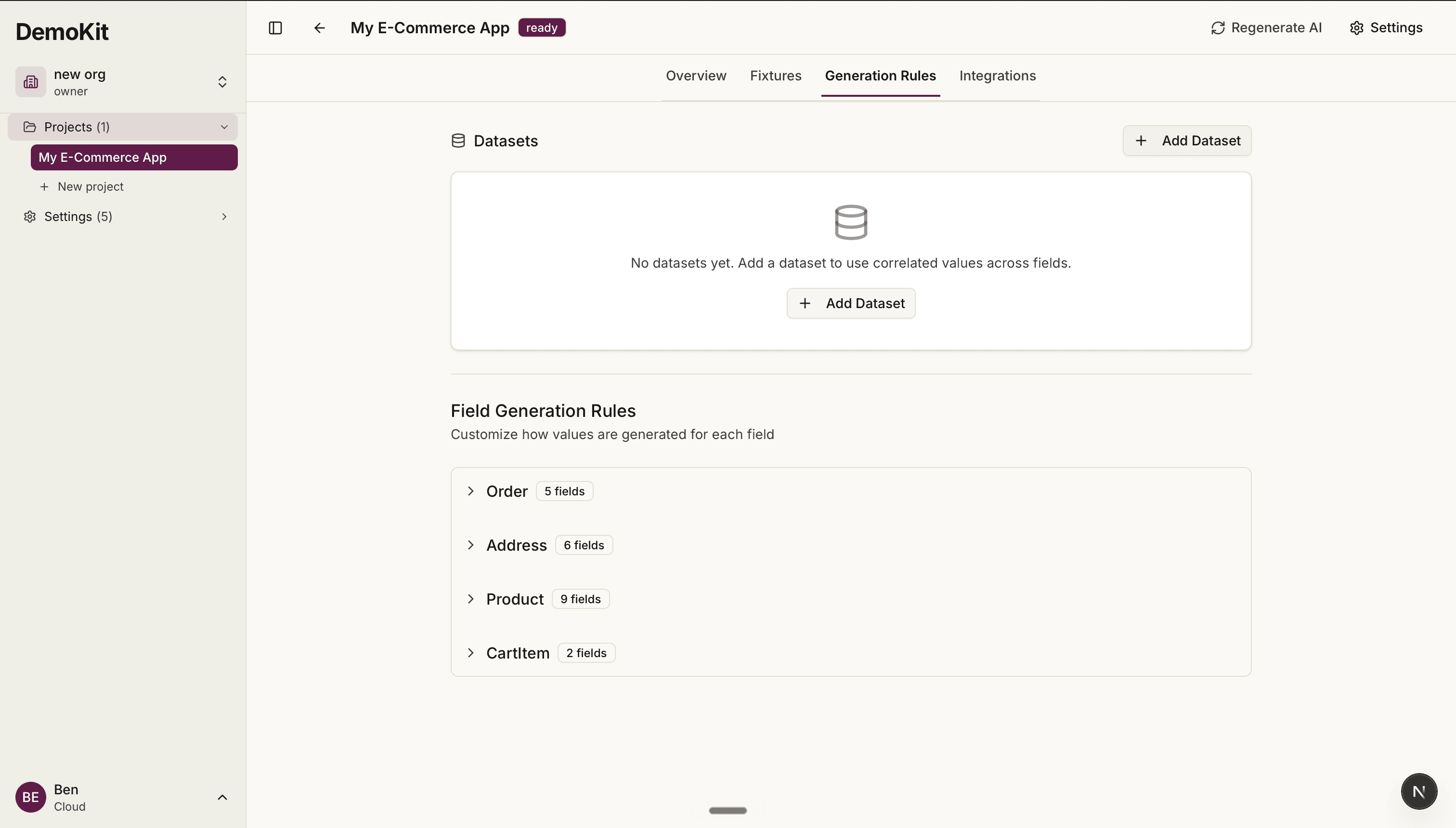 Demokit project view with datasets and per-entity field generation rules
