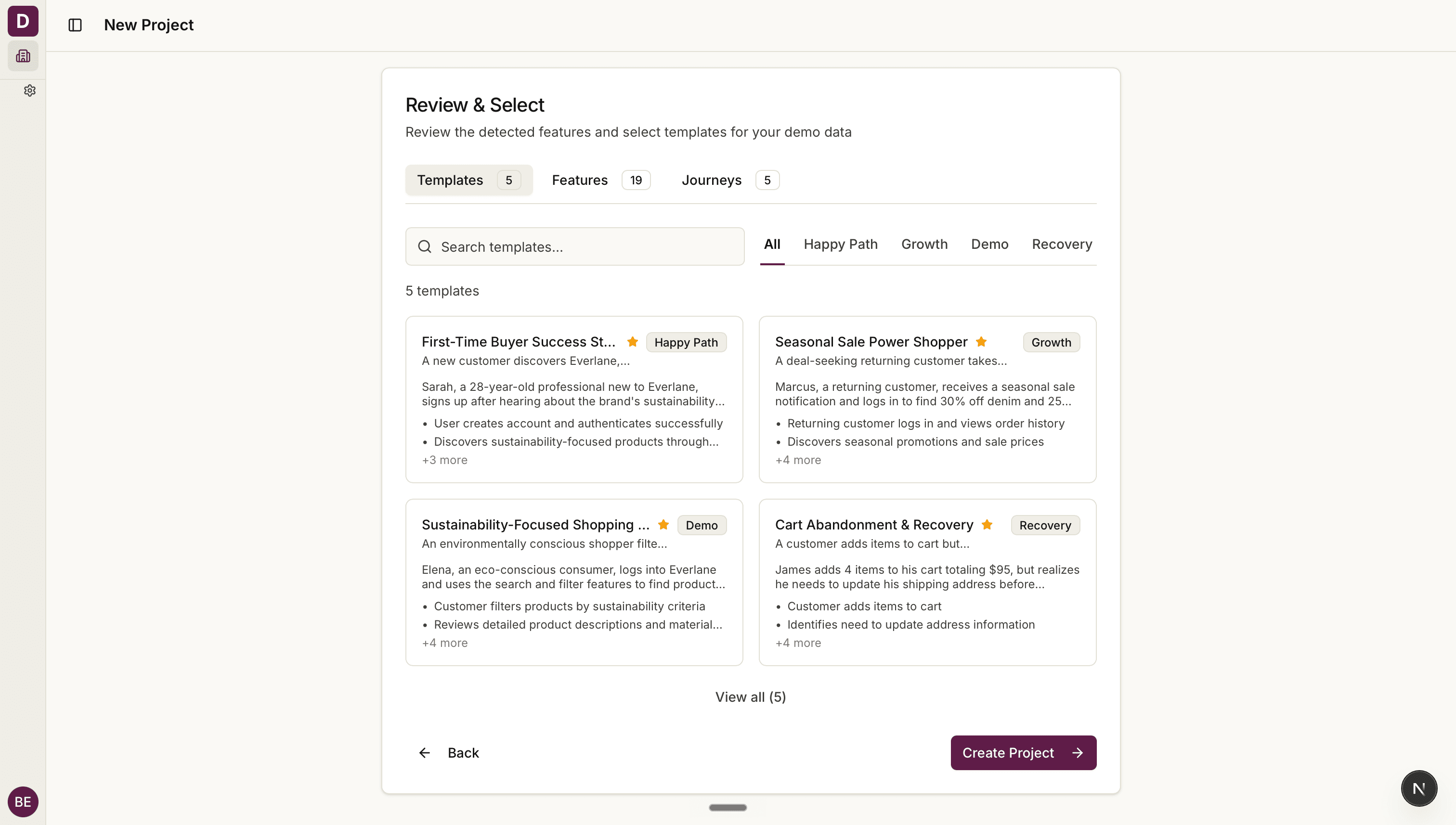 Demokit new-project wizard reviewing detected templates, features, and journeys