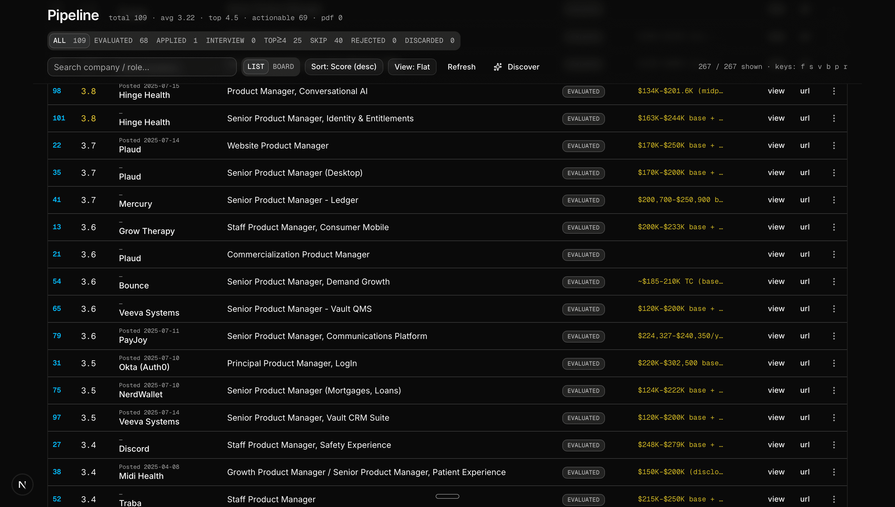 Jobflow pipeline list view sorted by match score