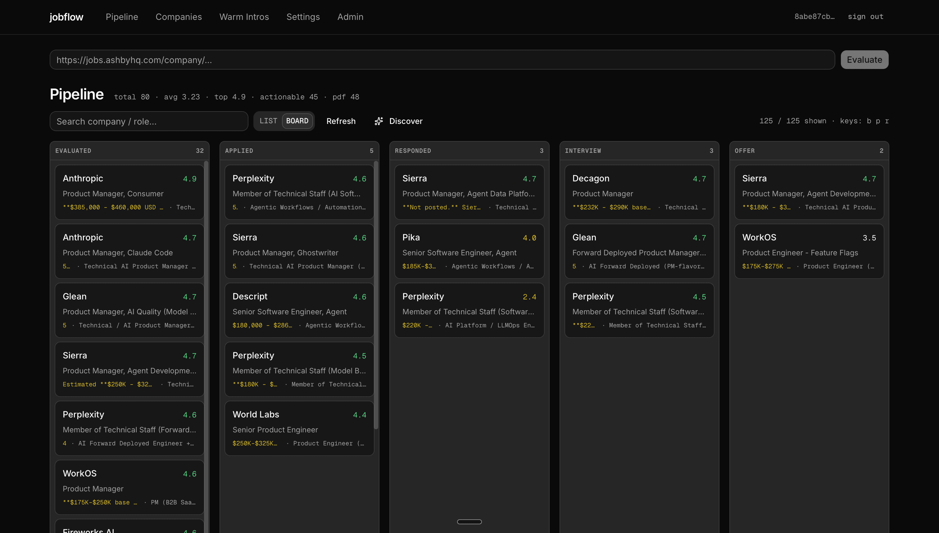 Jobflow pipeline board grouping roles by stage from evaluated through offer