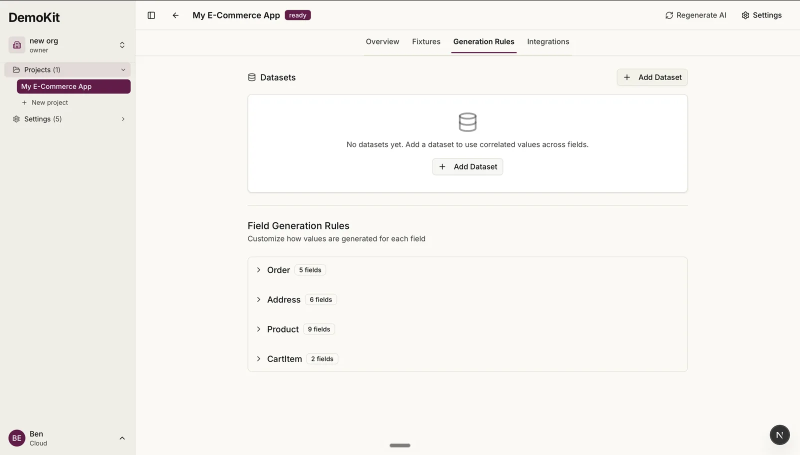 Demokit project view with datasets and per-entity field generation rules