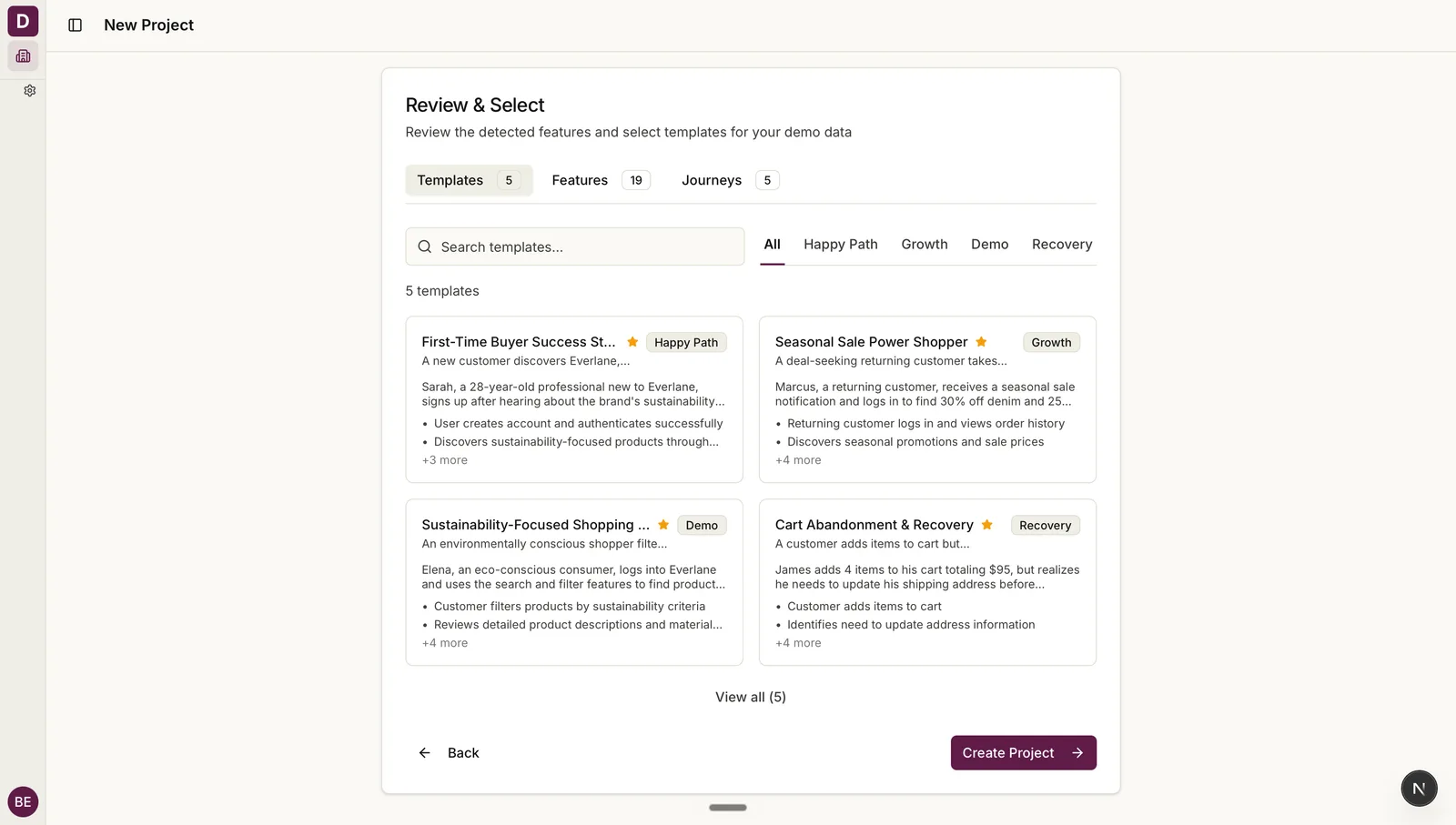 Demokit new-project wizard reviewing detected templates, features, and journeys