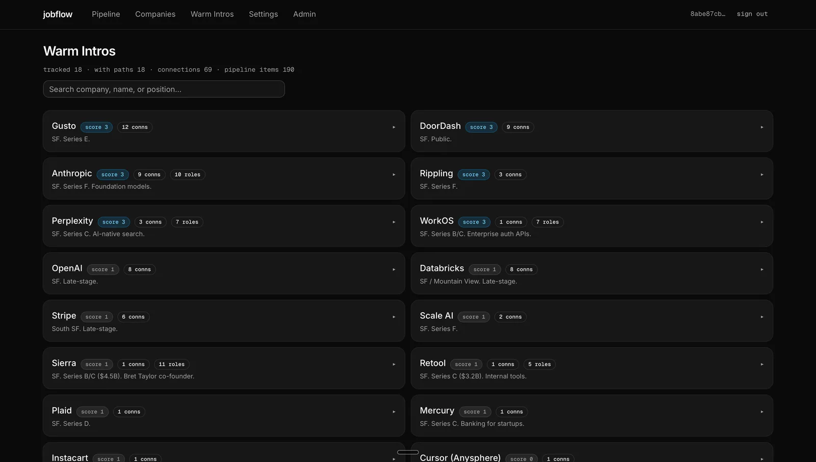 Inrole warm intros grouped by company with connection counts