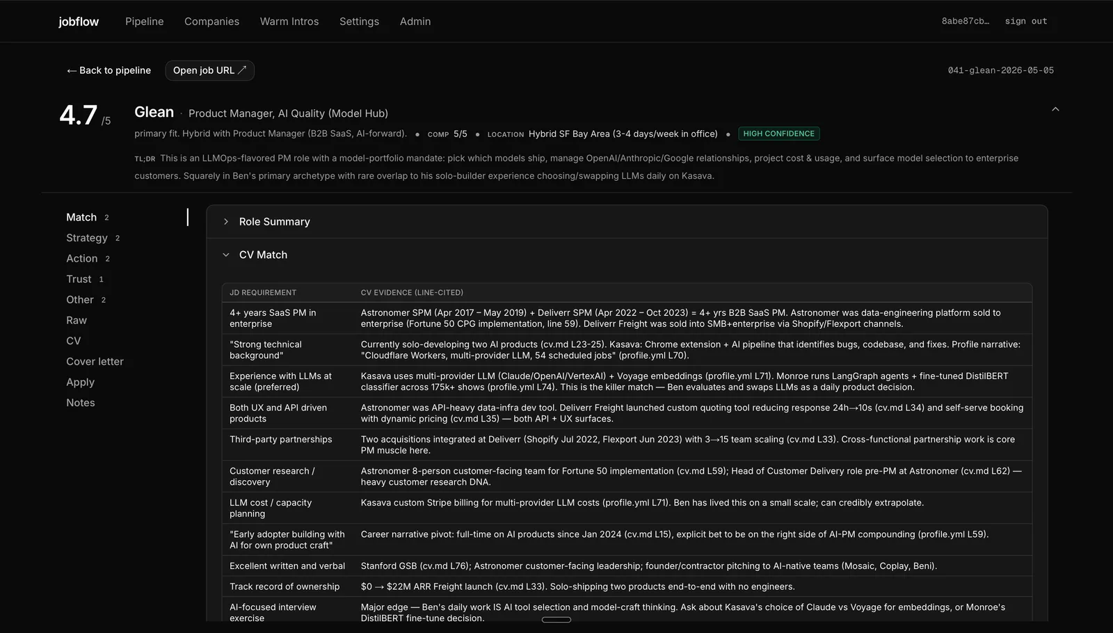 Inrole role detail with CV match breakdown against the job description